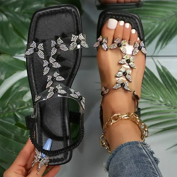 Women's Rhinestone-Adorned Transparent Sandals with Single Strap 61170792C